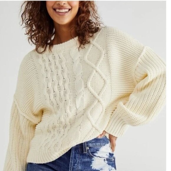 Free People Dream Cable Knit Sweater | Oversized Cream Cozy Boho - Picture 13 of 13